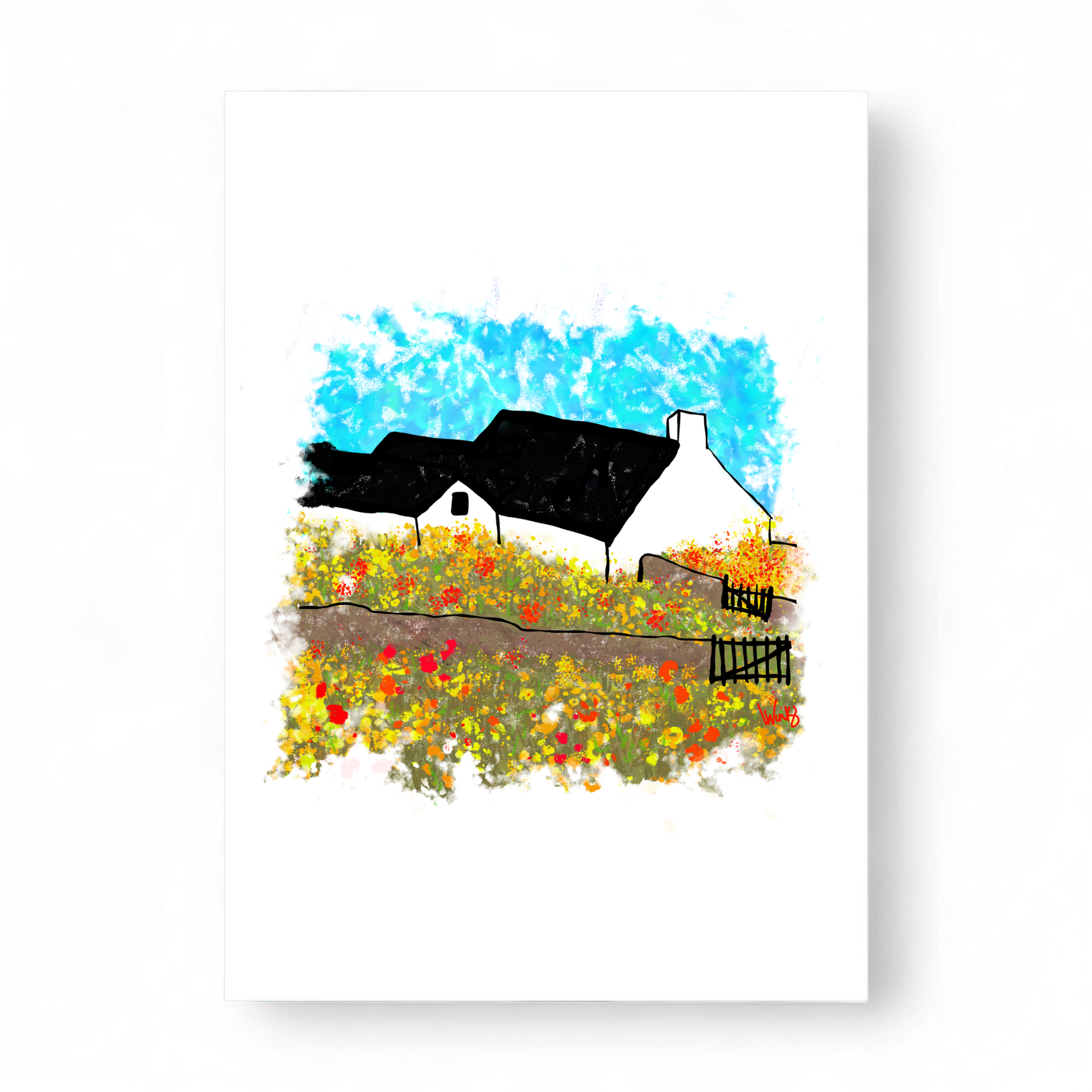 Printed card featuring a white croft house with a black roof surrounded by a field of colorful flowers.