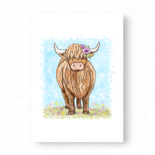 Printed Highland Coo card featuring a cow with flowers in its hair.