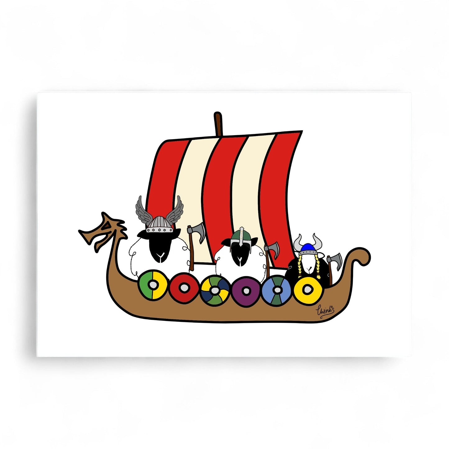 Card featuring cartoon Viking sheep in a longboat with shields.