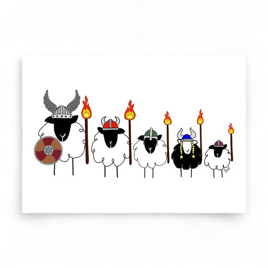 Viking sheep with helmets and torches celebrate Up Helly Aa.