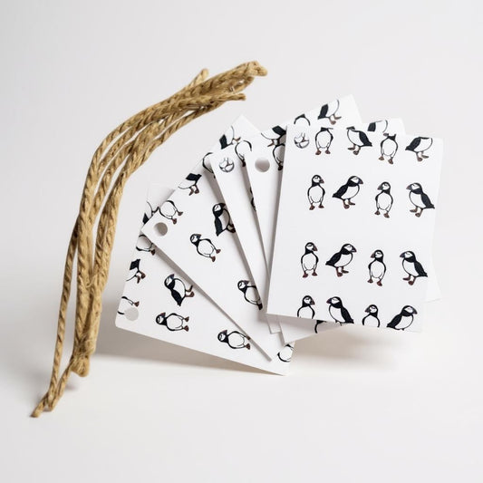 Puffin gift tags with a handmade Shetland design.