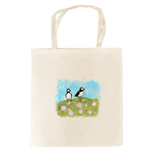 Puffins & Sea Pink Floral Printed Tote Bag by Jade Crafts Shetland