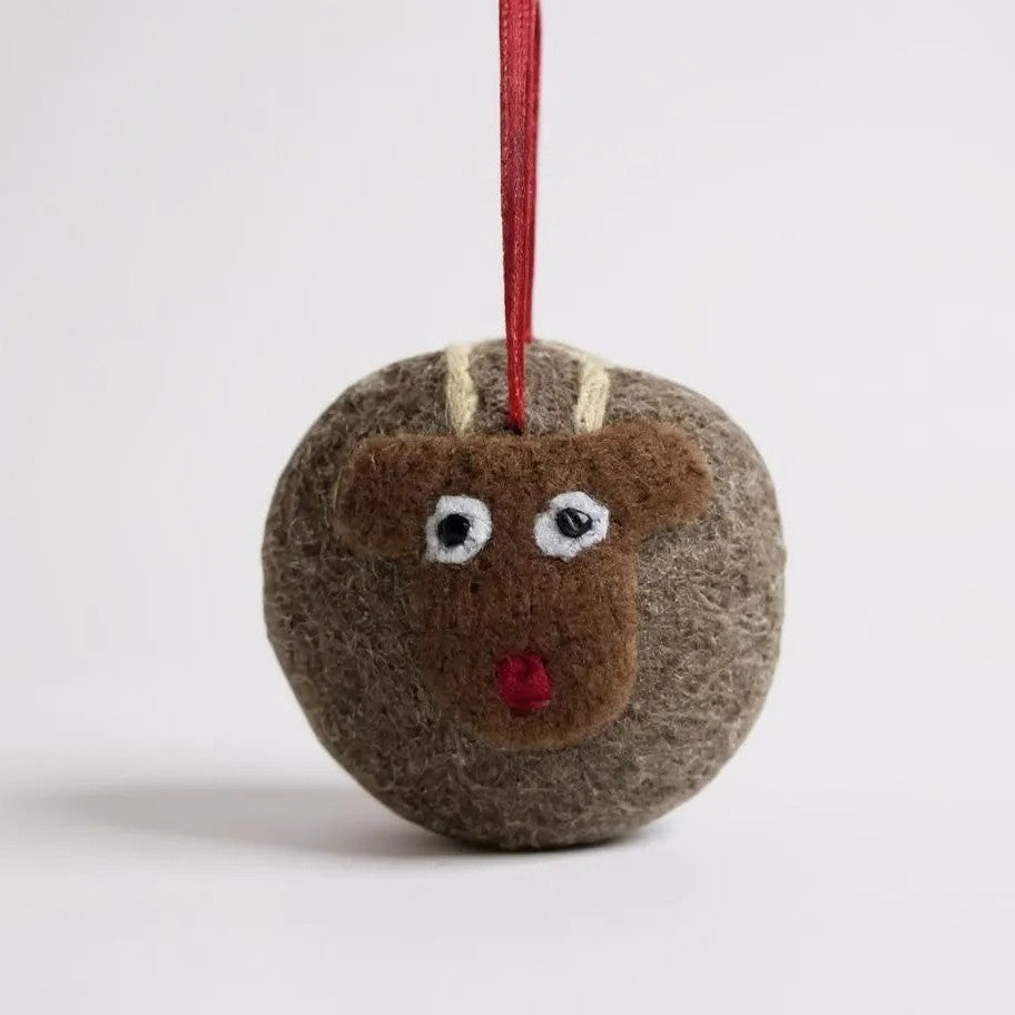 Rudolph felted bauble with brown face, white eyes, and red nose.