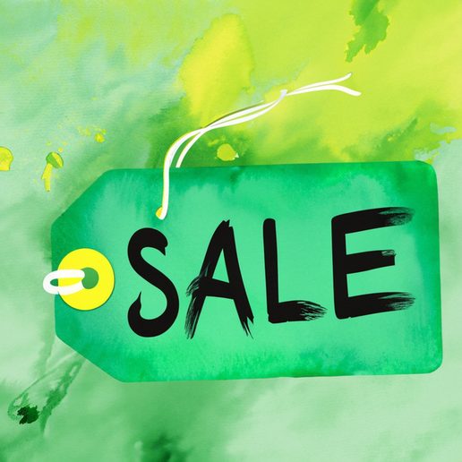 Green sale tag with black text on a green watercolor background