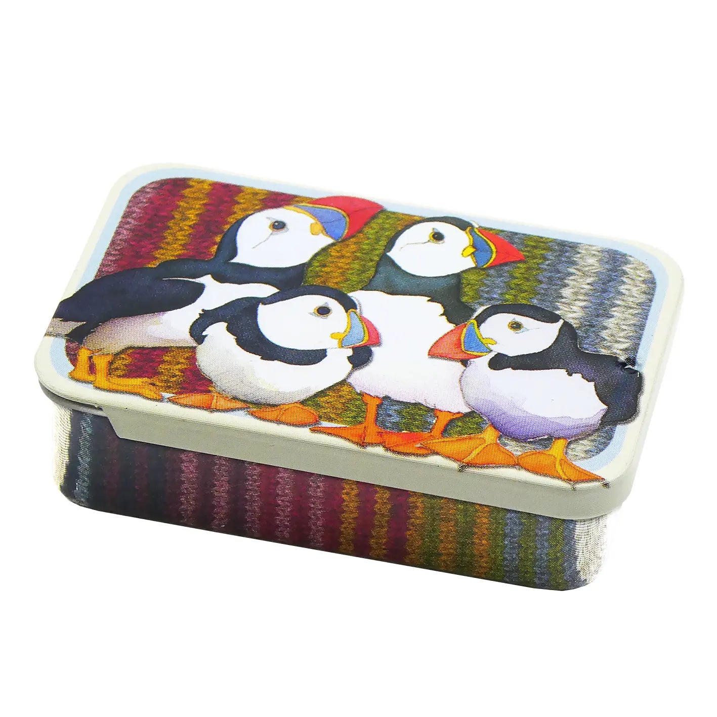 Pocket tin featuring a group of puffins on a colorful striped background.