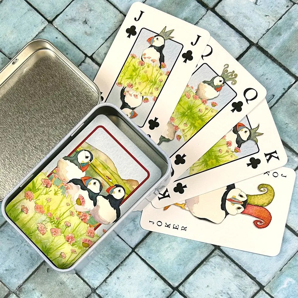 Sea Thrift Puffins playing cards in a tin featuring puffins on each card.