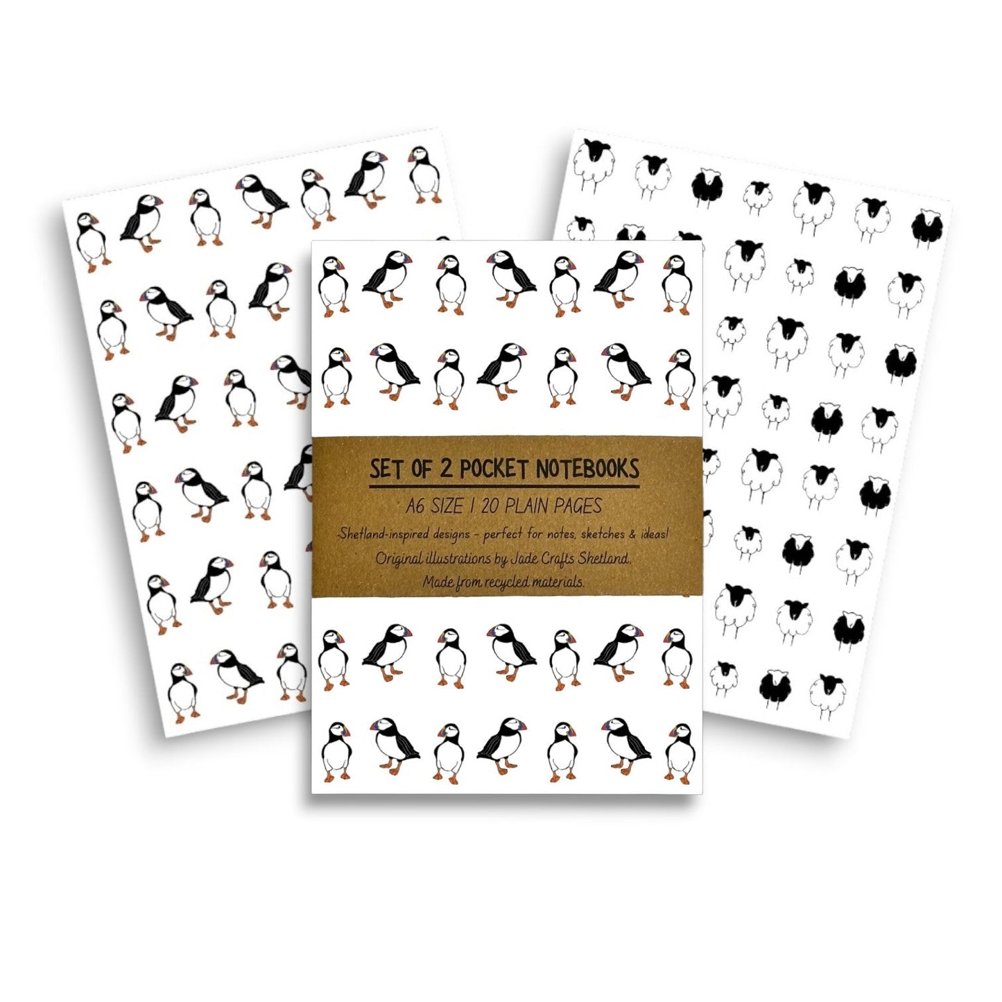Set of two A6 notebooks with puffin and sheep designs.