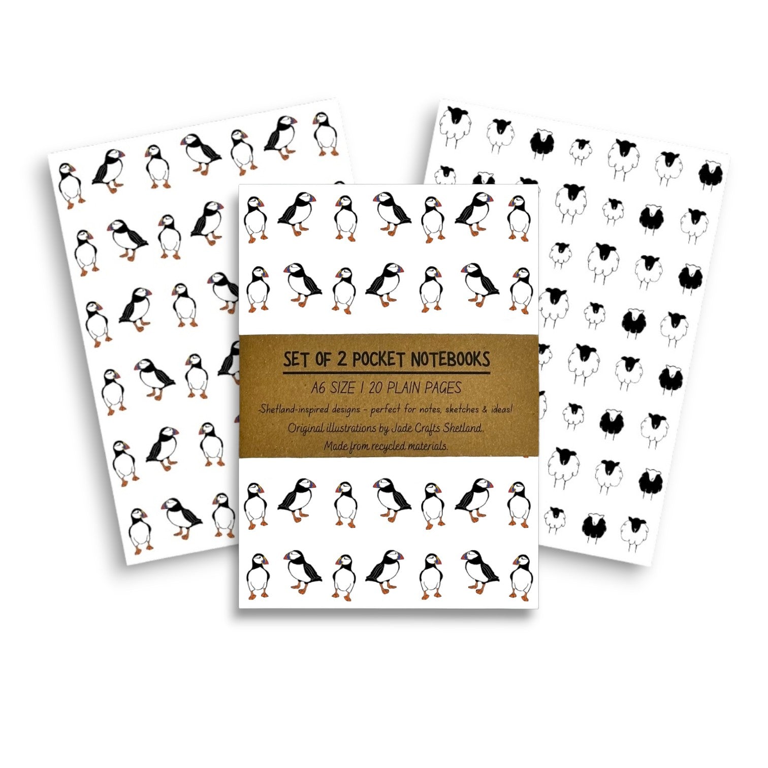Set of two A6 notebooks with puffin and sheep designs.