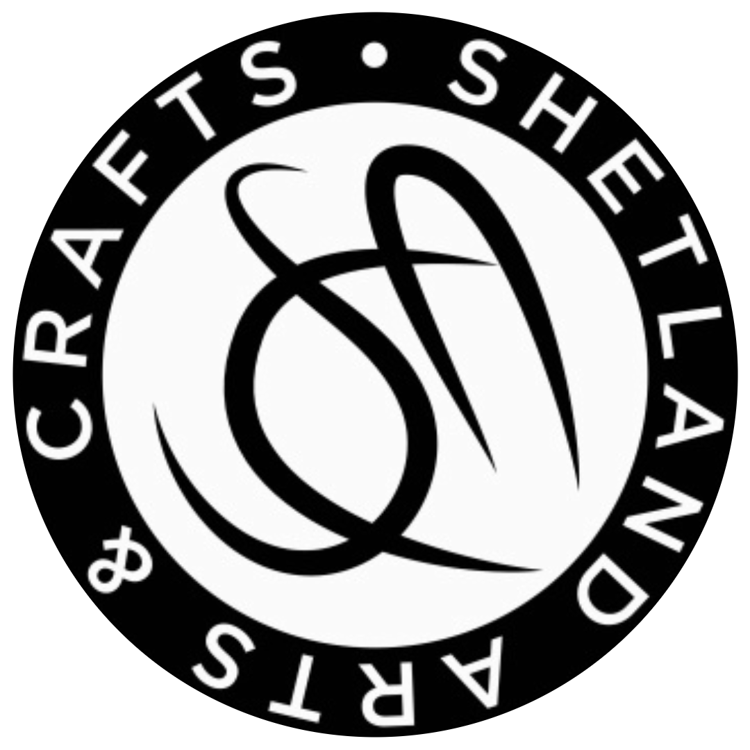 Circular logo with 'Shetland Crafts & Arts' text and stylized design on a white background