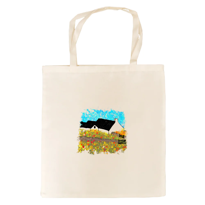 Shetland Croft House Tote bag with a painted scene of houses and flowers.