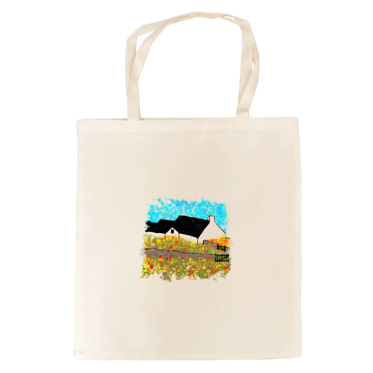 Shetland Croft House Tote bag with a painted scene of houses and flowers.
