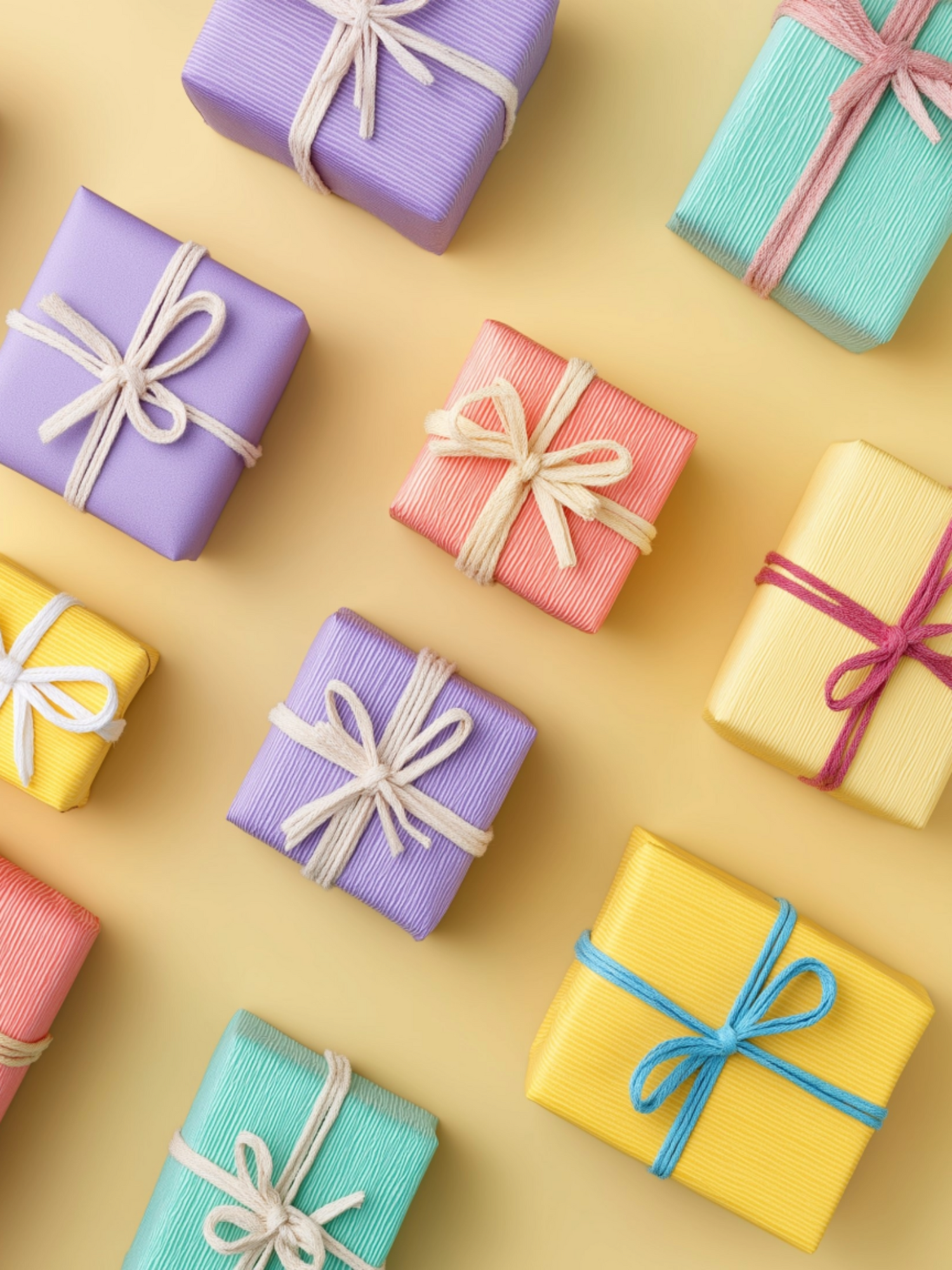 Colorful gift boxes with ribbons arranged on a yellow background