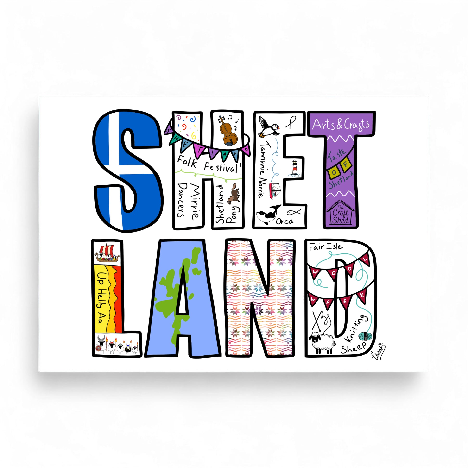 Illustrated greeting card with "SHETLAND" in colorful letters and various Shetland icons.