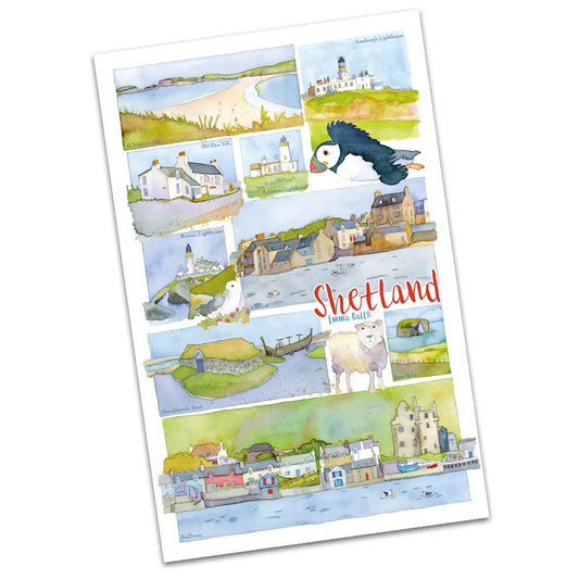 Shetland tea towel featuring watercolor illustrations of island scenes and wildlife.