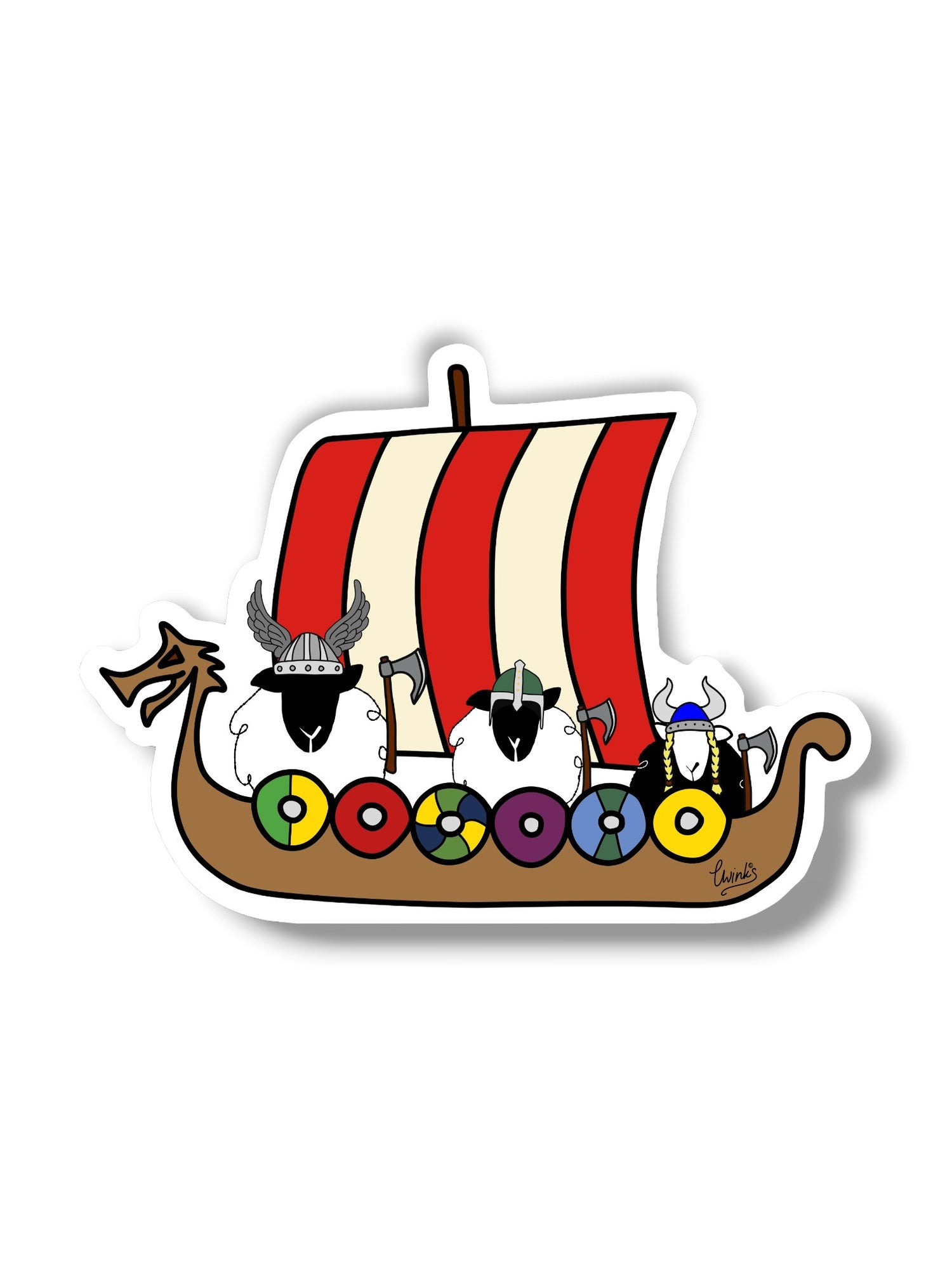 Cartoon Viking ship with colorful design on a white background