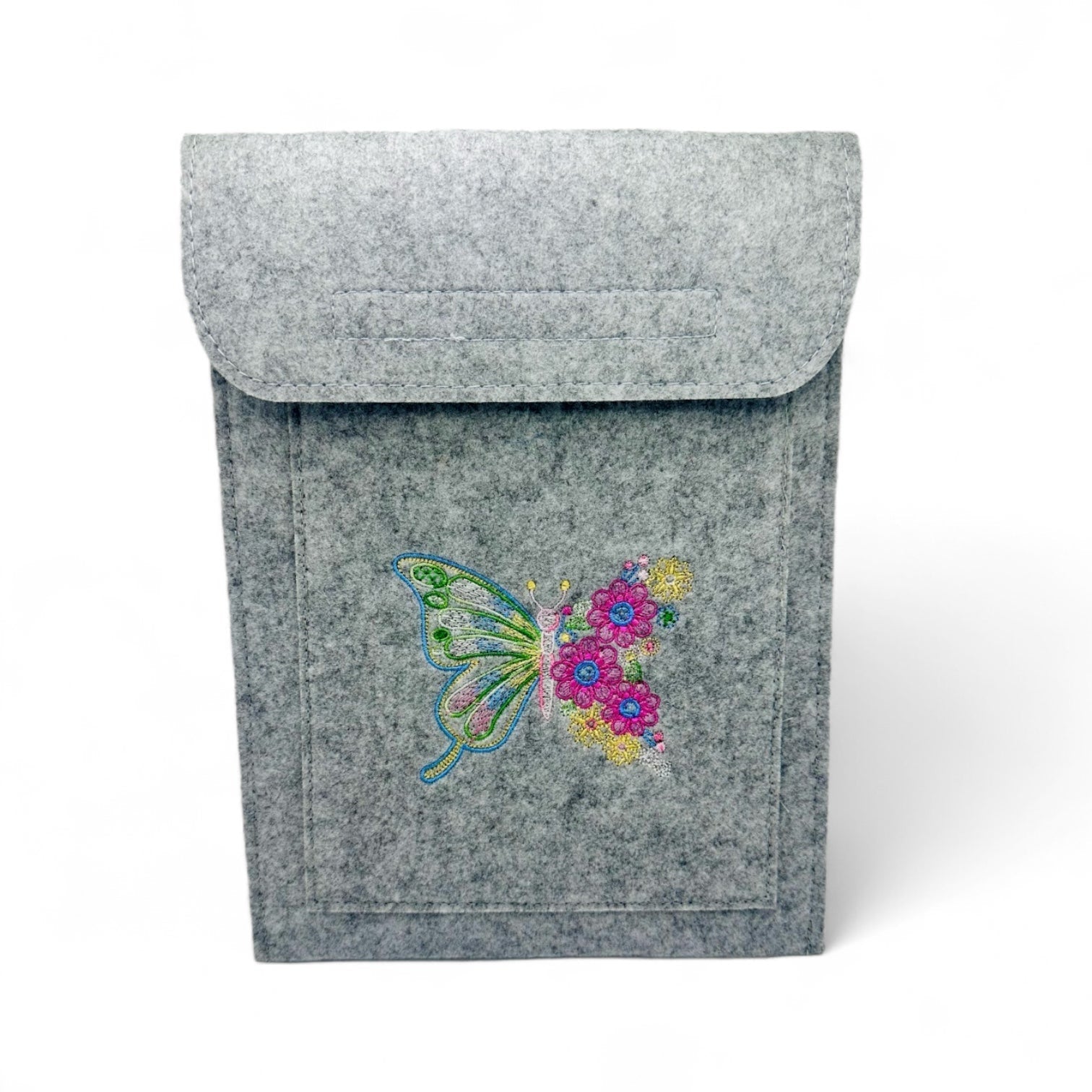Grey felt tablet case with a colorful embroidered butterfly.