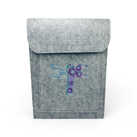 Grey felt iPad case with a floral dragonfly embroidery.