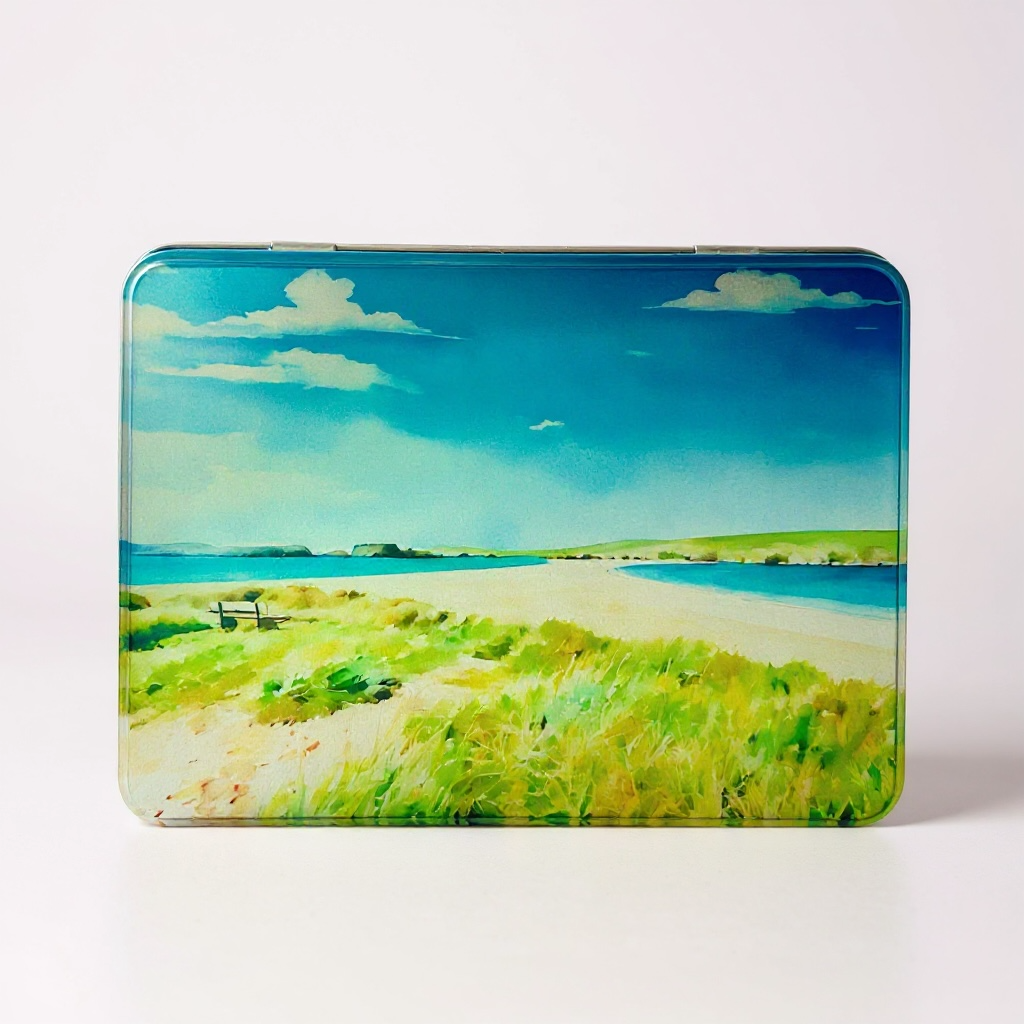 A jigsaw puzzle featuring a watercolor painting of St. Ninian's Beach with a sandy shore and grassy dunes.