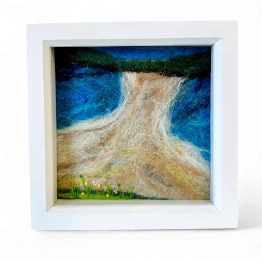 St Ninians hand felted picture box featuring a wool artwork of a waterfall and flowers.