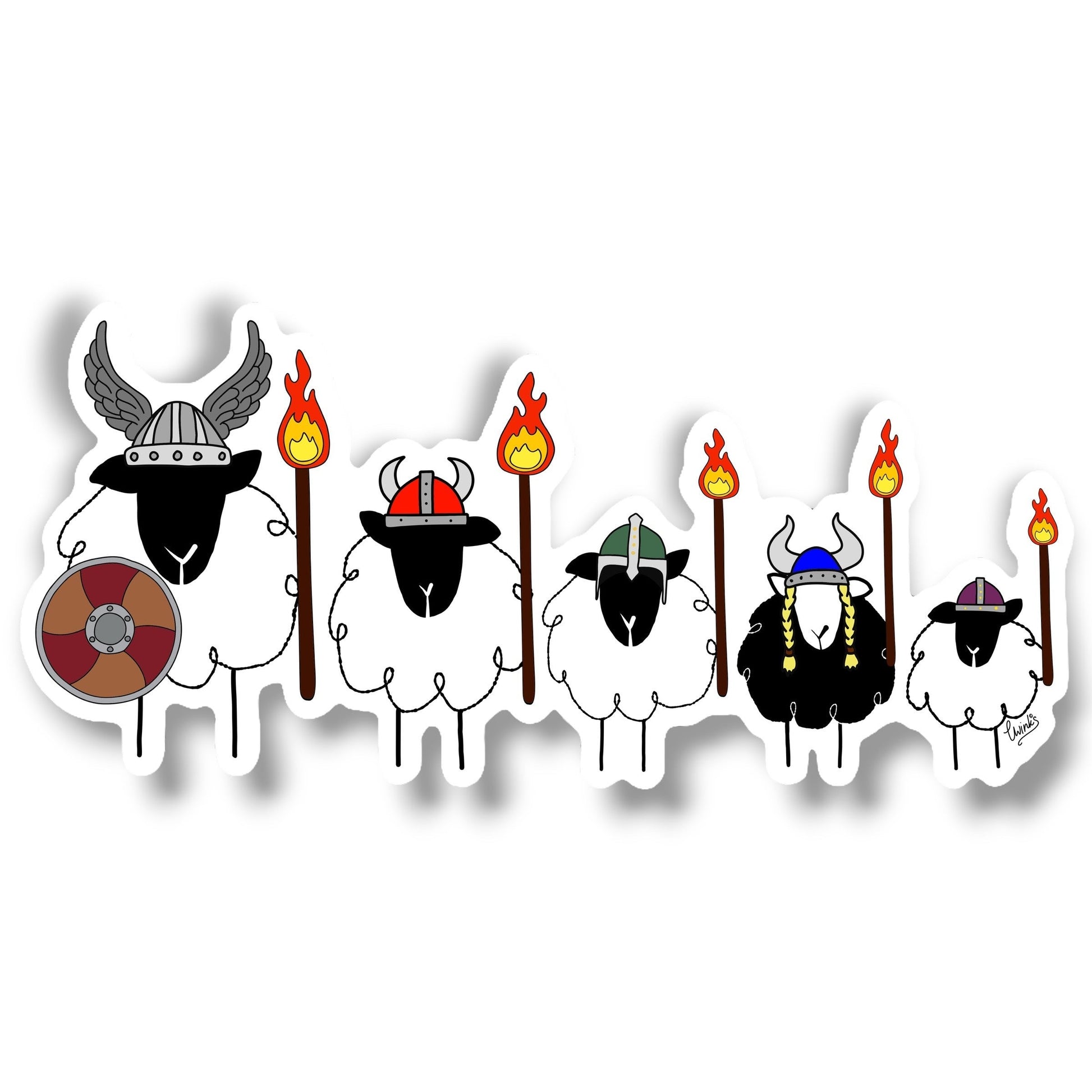 Viking sheep magnets with helmets and torches.
