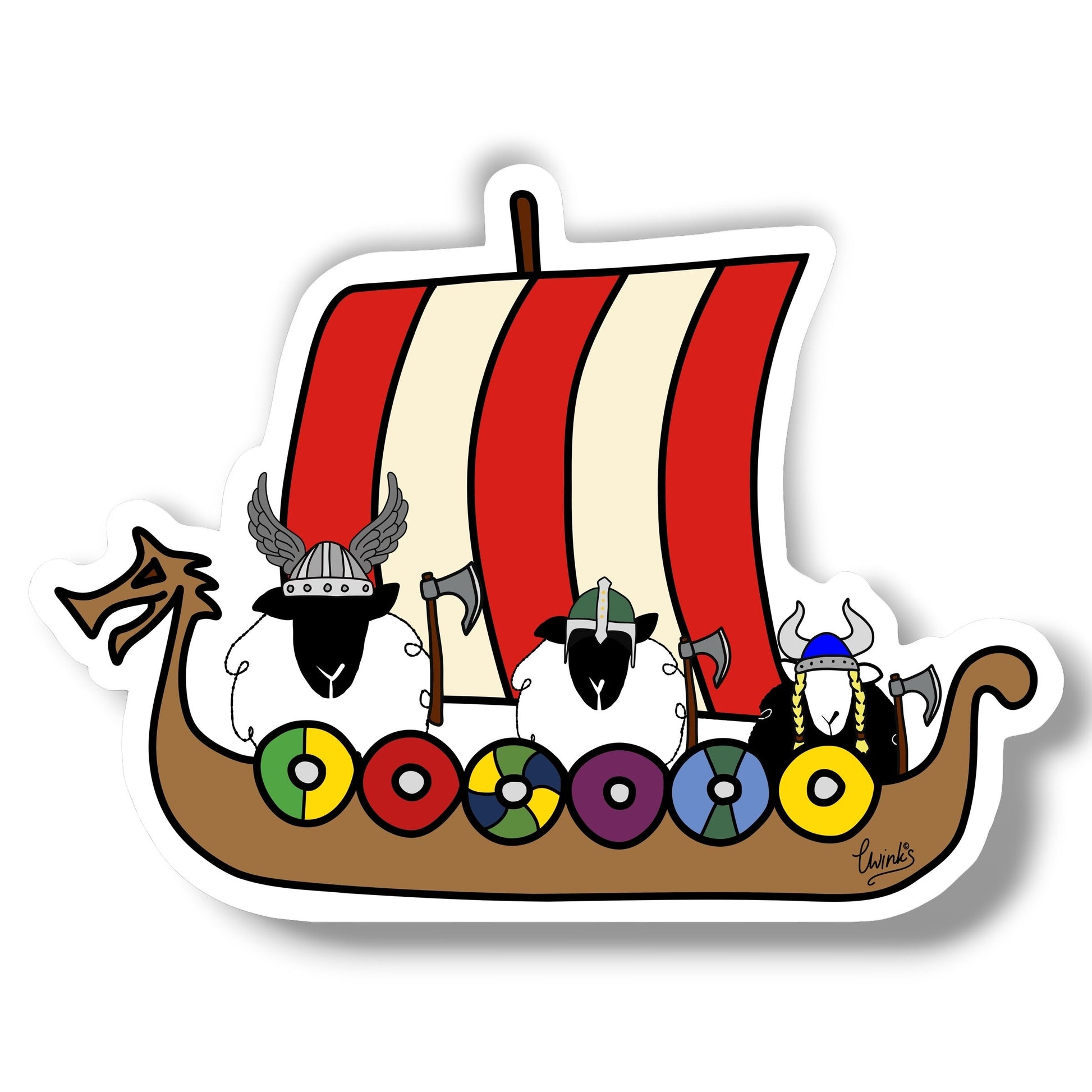 Viking longboat sheep paper fridge magnet with colorful shields.