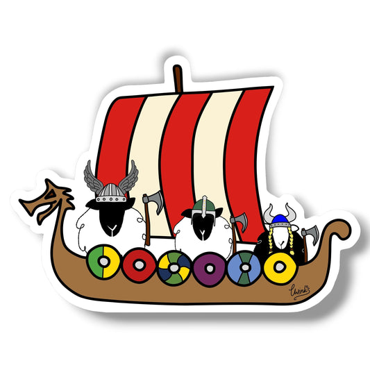 Viking longboat sheep paper fridge magnet with colorful shields.