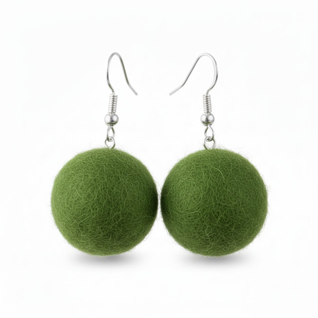 Jade Crafts Shetland hand-felted green wool ball earrings with silver-colored fishhook ear wires.