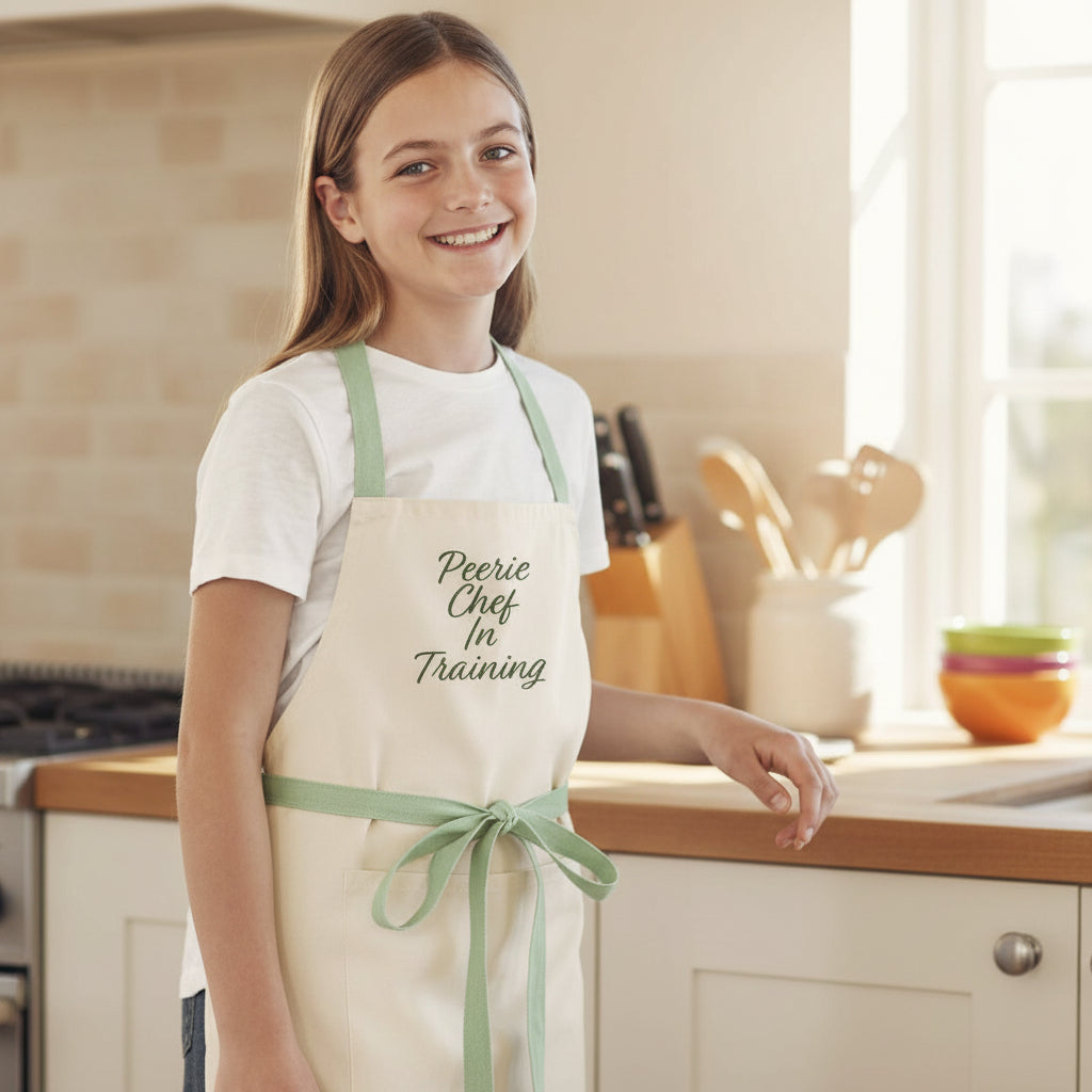 A young girl wears a cream cotton apron with green straps and Peerie Chef in Training embroidery.